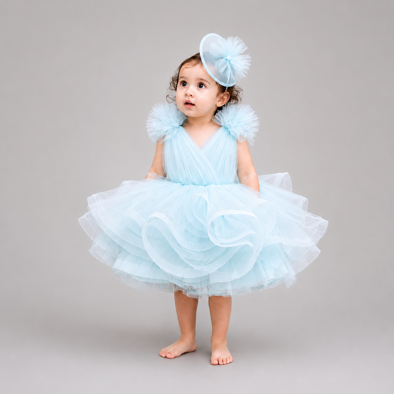 Ice Blue Fairy Net Party Dress for Girls | Silk & Santoon Lining
