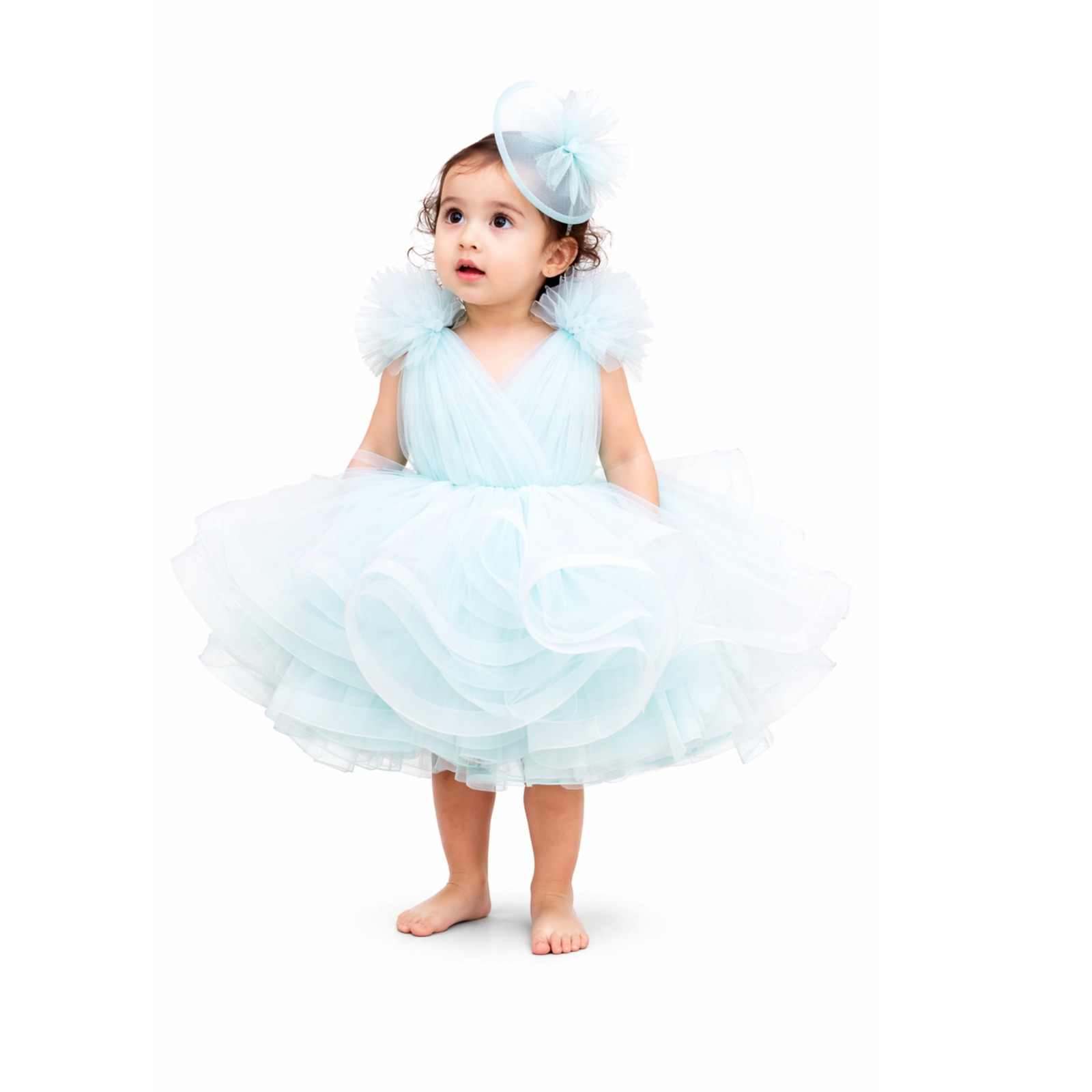 Ice Blue Fairy Net Party Dress for Girls | Silk & Santoon Lining