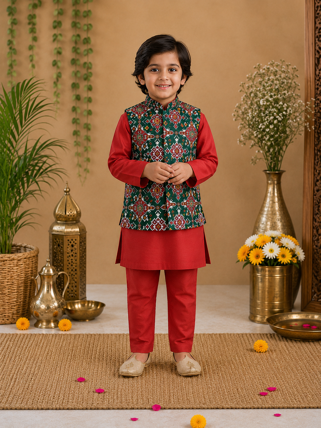 Green Patola Kurta Jacket Set