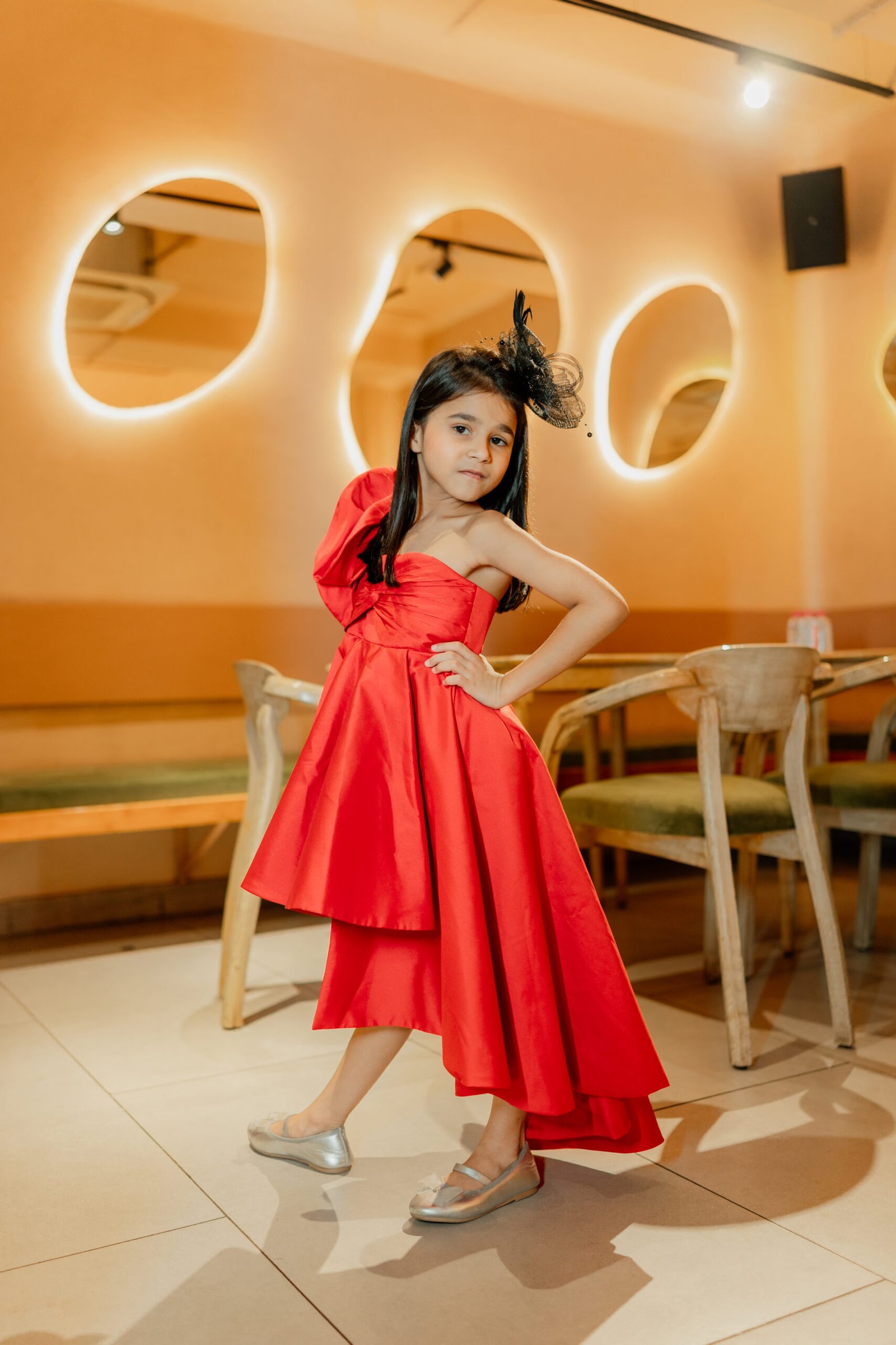 One-Shoulder ruffle, sculpted bodice and cascading layered dress